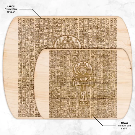 Pharaoh’s Hieroglyphic ANKH Cutting Board featuring ancient Egyptian ankh symbol, available in tempered glass and hardwood options. Tempered glass version with non-porous surface to prevent bacterial growth, textured for easy chopping, and equipped with rubber dots for stability. Hardwood versions available in maple and walnut, both durable and knife-friendly. Ideal for adding elegance and functionality to your kitchen.