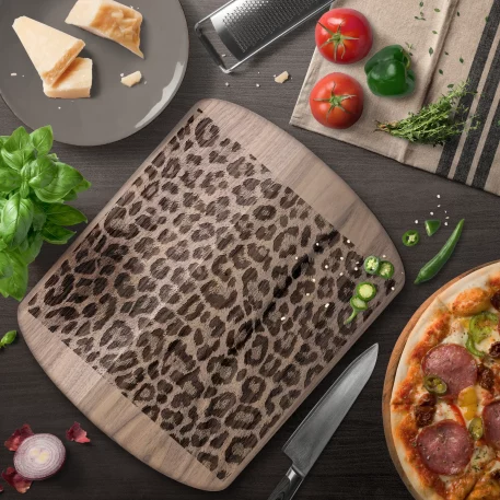 Leopard Print Cutting Board, Tempered Glass and Hardwood: Elevate your culinary experience with a touch of wild sophistication. This stylish cutting board features a striking leopard print design and is available in tempered glass (rectangular 8x11, 11x15; round 7.9 inches) or hardwood (maple, walnut, 8x11, 5.5x8). Durable, scratch and stain-resistant, hygienic non-porous surface, textured for optimal chopping, gentle on knives. Non-slip rubber feet ensure stability, easy to clean. Perfect for professional chefs and home cooks, this board is a versatile and bold statement piece for any kitchen.