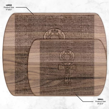 Pharaoh’s Hieroglyphic ANKH Cutting Board featuring ancient Egyptian ankh symbol, available in tempered glass and hardwood options. Tempered glass version with non-porous surface to prevent bacterial growth, textured for easy chopping, and equipped with rubber dots for stability. Hardwood versions available in maple and walnut, both durable and knife-friendly. Ideal for adding elegance and functionality to your kitchen.