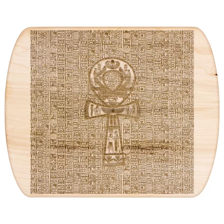 Pharaoh’s Hieroglyphic ANKH Cutting Board featuring ancient Egyptian ankh symbol, available in tempered glass and hardwood options. Tempered glass version with non-porous surface to prevent bacterial growth, textured for easy chopping, and equipped with rubber dots for stability. Hardwood versions available in maple and walnut, both durable and knife-friendly. Ideal for adding elegance and functionality to your kitchen.