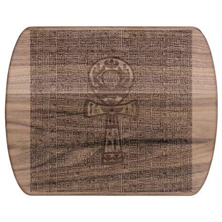 Pharaoh’s Hieroglyphic ANKH Cutting Board featuring ancient Egyptian ankh symbol, available in tempered glass and hardwood options. Tempered glass version with non-porous surface to prevent bacterial growth, textured for easy chopping, and equipped with rubber dots for stability. Hardwood versions available in maple and walnut, both durable and knife-friendly. Ideal for adding elegance and functionality to your kitchen.