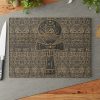 Pharaoh’s Hieroglyphic ANKH Cutting Board featuring ancient Egyptian ankh symbol, available in tempered glass and hardwood options. Tempered glass version with non-porous surface to prevent bacterial growth, textured for easy chopping, and equipped with rubber dots for stability. Hardwood versions available in maple and walnut, both durable and knife-friendly. Ideal for adding elegance and functionality to your kitchen.