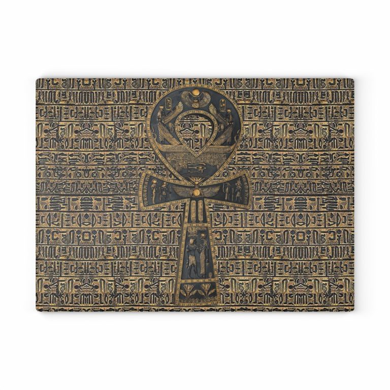 Pharaoh’s Hieroglyphic ANKH Cutting Board featuring ancient Egyptian ankh symbol, available in tempered glass and hardwood options. Tempered glass version with non-porous surface to prevent bacterial growth, textured for easy chopping, and equipped with rubber dots for stability. Hardwood versions available in maple and walnut, both durable and knife-friendly. Ideal for adding elegance and functionality to your kitchen.