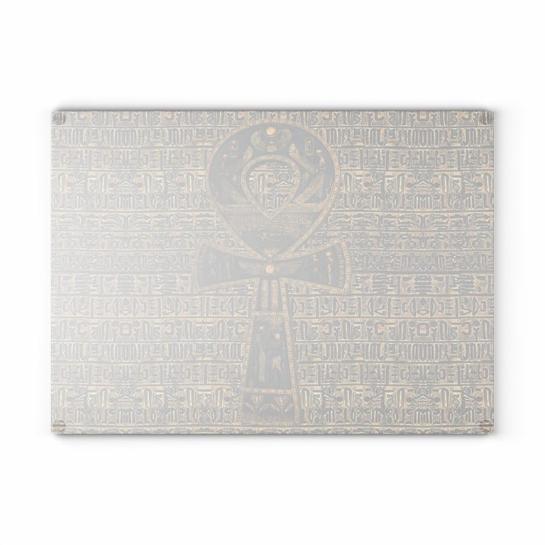 Pharaoh’s Hieroglyphic ANKH Cutting Board featuring ancient Egyptian ankh symbol, available in tempered glass and hardwood options. Tempered glass version with non-porous surface to prevent bacterial growth, textured for easy chopping, and equipped with rubber dots for stability. Hardwood versions available in maple and walnut, both durable and knife-friendly. Ideal for adding elegance and functionality to your kitchen.