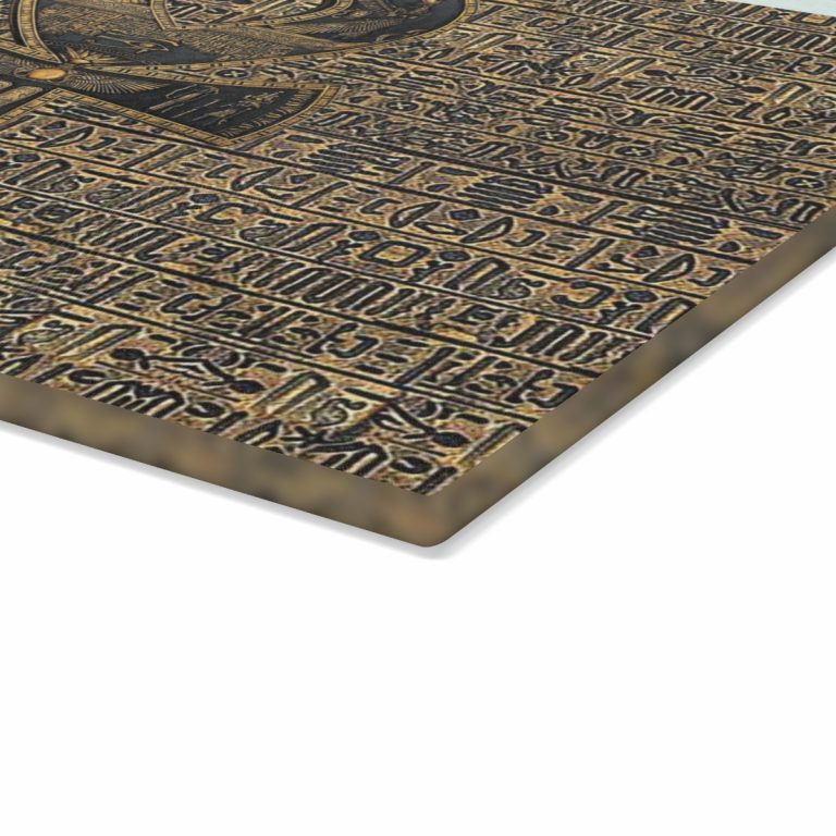 Pharaoh’s Hieroglyphic ANKH Cutting Board featuring ancient Egyptian ankh symbol, available in tempered glass and hardwood options. Tempered glass version with non-porous surface to prevent bacterial growth, textured for easy chopping, and equipped with rubber dots for stability. Hardwood versions available in maple and walnut, both durable and knife-friendly. Ideal for adding elegance and functionality to your kitchen.