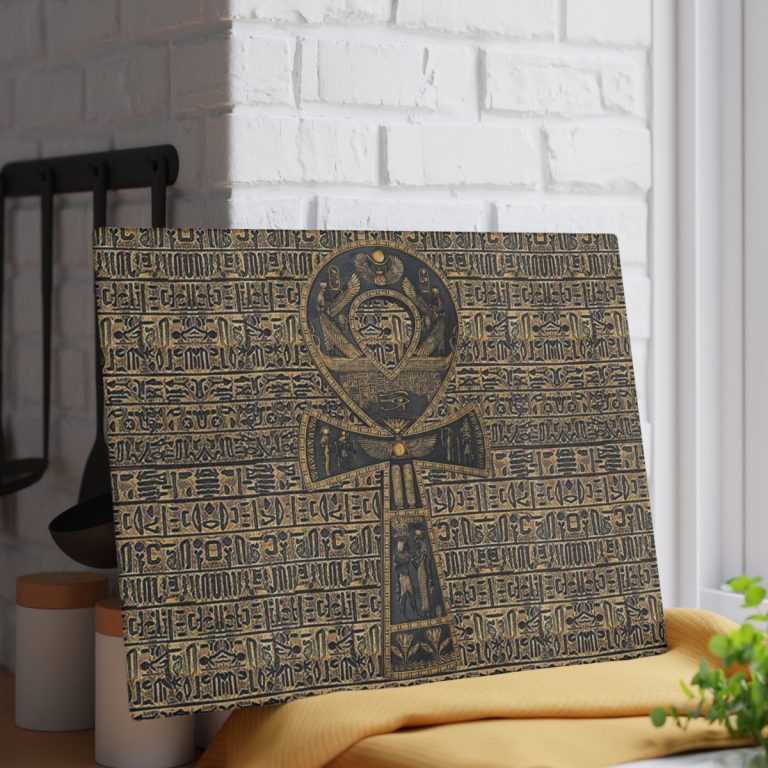 Pharaoh’s Hieroglyphic ANKH Cutting Board featuring ancient Egyptian ankh symbol, available in tempered glass and hardwood options. Tempered glass version with non-porous surface to prevent bacterial growth, textured for easy chopping, and equipped with rubber dots for stability. Hardwood versions available in maple and walnut, both durable and knife-friendly. Ideal for adding elegance and functionality to your kitchen.