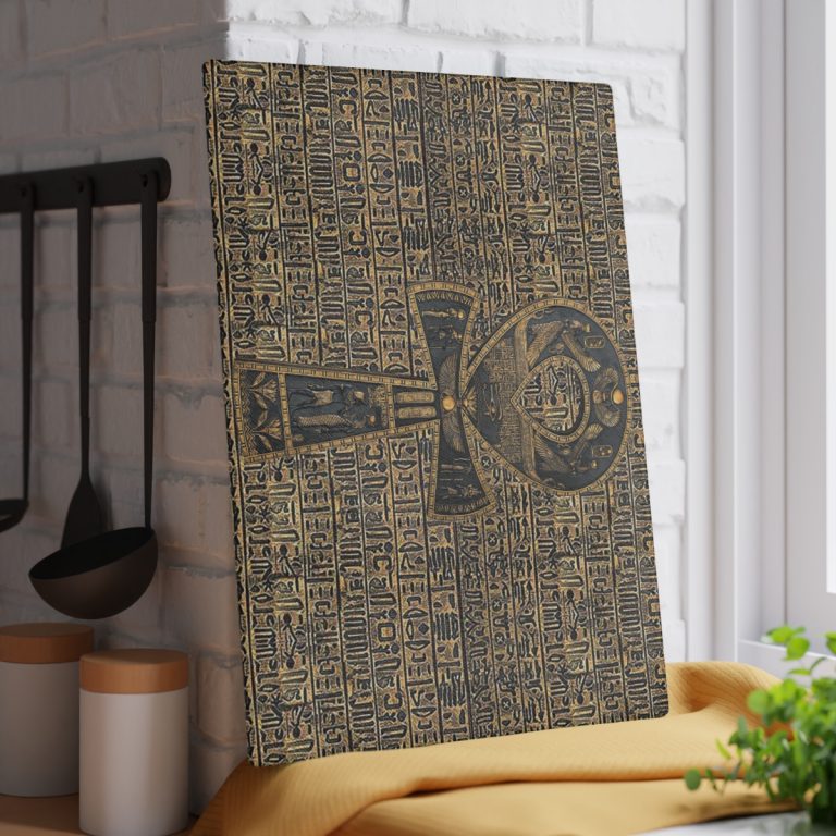 Pharaoh’s Hieroglyphic ANKH Cutting Board featuring ancient Egyptian ankh symbol, available in tempered glass and hardwood options. Tempered glass version with non-porous surface to prevent bacterial growth, textured for easy chopping, and equipped with rubber dots for stability. Hardwood versions available in maple and walnut, both durable and knife-friendly. Ideal for adding elegance and functionality to your kitchen.