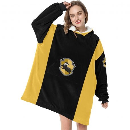 Women's Hufflepuff sherpa fleece Robe-at-Hogwarts-School-of-Witchcraft-and-Wizardry-Sorting Hat-medieval witch Helga Hufflepuff-inclusive-valuing-hard-work-dedication-patience-loyalty-fair play-The emblematic animal was a badger-yellow and black-house-colours-The Head of Hufflepuff was Pomona Sprout-the Fat Friar was the House's patron ghost-corresponded roughly to the element of earth-yellow-wheat-black-soil-point hourglass contained yellow diamonds-Students-sorted-into-Hufflepuff-demonstrated-strong abilities in Herbology