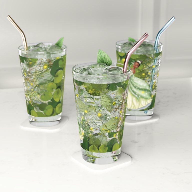 Princess Tiana amidst green lily pads, Made from BPA-free glass, this Black Princess Tiana Glass ensures a safe toxin-free experience for fans of all ages.