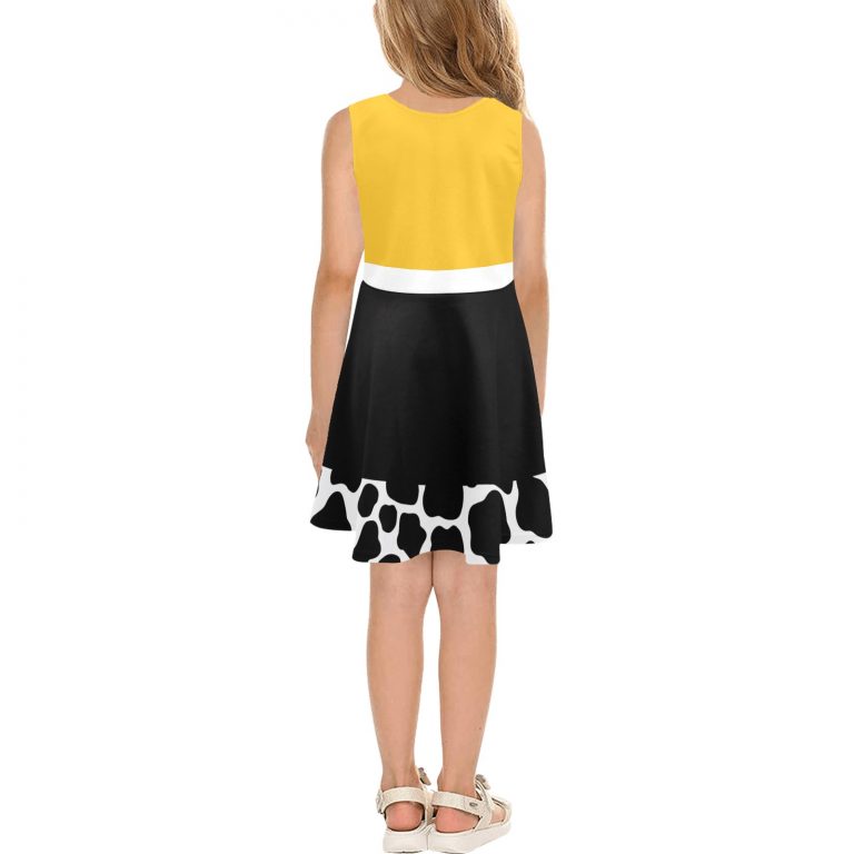 "Toy Story Cow Print Sundress Set featuring Jessie, Woody, and other Toy Story characters in a cowboy and cowgirl western theme. Includes bullseye, rope, lasso, and heart details. Perfect for fans of Toy Story and the Wild West."
