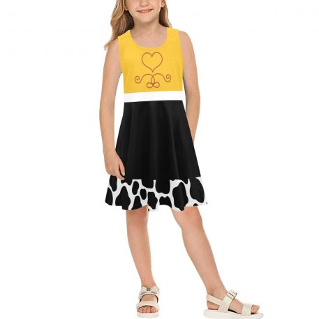 "Toy Story Cow Print Sundress Set featuring Jessie, Woody, and other Toy Story characters in a cowboy and cowgirl western theme. Includes bullseye, rope, lasso, and heart details. Perfect for fans of Toy Story and the Wild West."