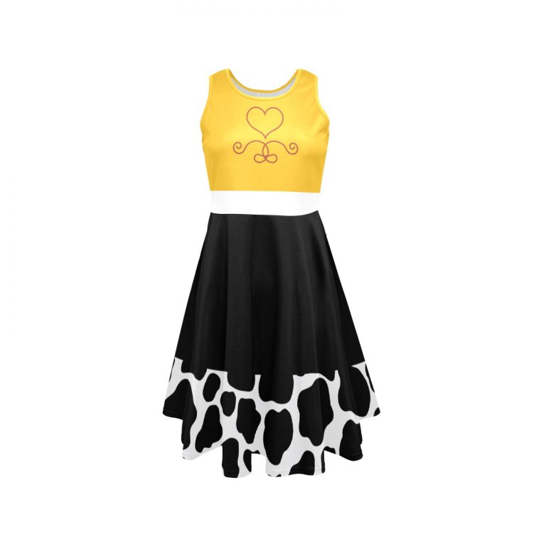 "Toy Story Cow Print Sundress Set featuring Jessie, Woody, and other Toy Story characters in a cowboy and cowgirl western theme. Includes bullseye, rope, lasso, and heart details. Perfect for fans of Toy Story and the Wild West."