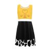 "Toy Story Cow Print Sundress Set featuring Jessie, Woody, and other Toy Story characters in a cowboy and cowgirl western theme. Includes bullseye, rope, lasso, and heart details. Perfect for fans of Toy Story and the Wild West."
