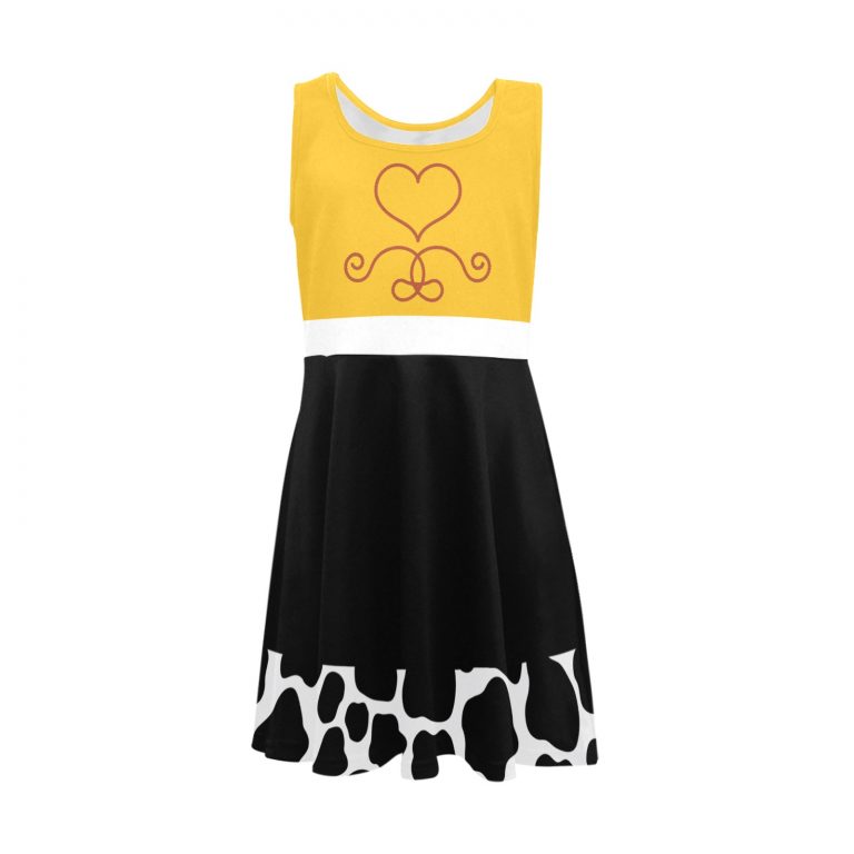 "Toy Story Cow Print Sundress Set featuring Jessie, Woody, and other Toy Story characters in a cowboy and cowgirl western theme. Includes bullseye, rope, lasso, and heart details. Perfect for fans of Toy Story and the Wild West."