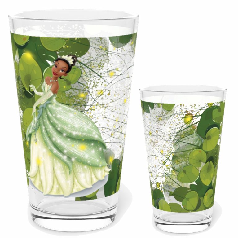 Princess Tiana amidst green lily pads, Made from BPA-free glass, this Black Princess Tiana Glass ensures a safe toxin-free experience for fans of all ages.