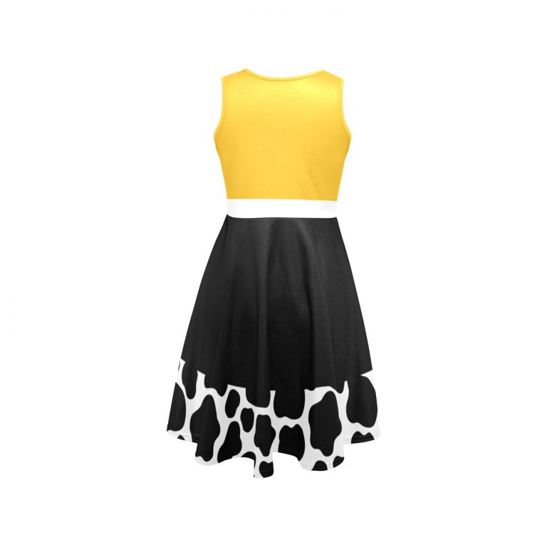 "Toy Story Cow Print Sundress Set featuring Jessie, Woody, and other Toy Story characters in a cowboy and cowgirl western theme. Includes bullseye, rope, lasso, and heart details. Perfect for fans of Toy Story and the Wild West."