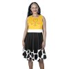 "Toy Story Cow Print Sundress Set featuring Jessie, Woody, and other Toy Story characters in a cowboy and cowgirl western theme. Includes bullseye, rope, lasso, and heart details. Perfect for fans of Toy Story and the Wild West."