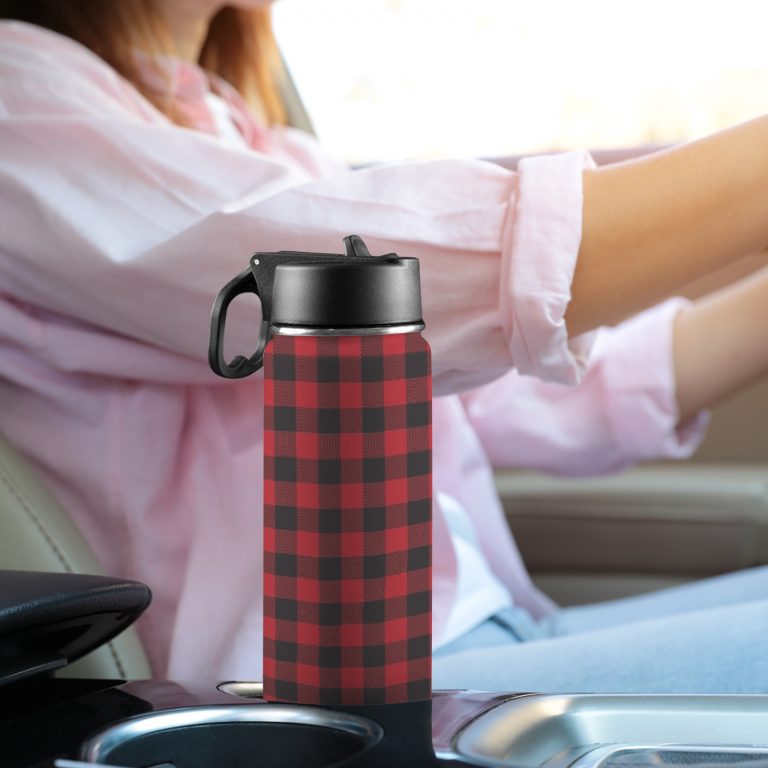 Custom Sports Water Bottle with Straw Lid - Premium stainless steel construction ensures durability and non-toxicity. Flip straw lid design for convenient opening and closing. Durable folding handle for easy portability at the gym. Double wall insulation keeps drinks warm or cold for a longer duration. Large 18 Oz capacity suitable for various occasions. Hand wash ONLY with soapy hot water for maintenance.
