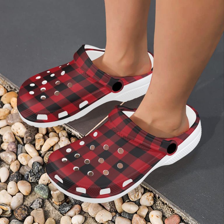 Plaid Superior Comfort Clogs in Red, Blue and Green Plaid alternative to Crocs exclusive collection offering durability, ventilation and a secure fit.