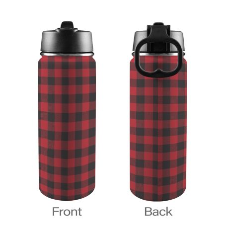 Custom Sports Water Bottle with Straw Lid - Premium stainless steel construction ensures durability and non-toxicity. Flip straw lid design for convenient opening and closing. Durable folding handle for easy portability at the gym. Double wall insulation keeps drinks warm or cold for a longer duration. Large 18 Oz capacity suitable for various occasions. Hand wash ONLY with soapy hot water for maintenance.