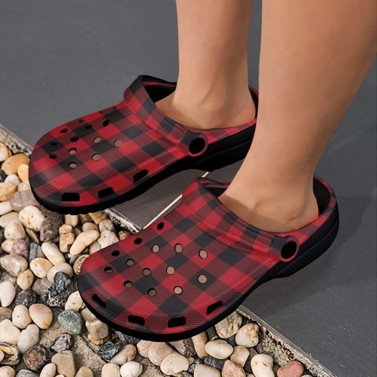 Plaid Superior Comfort Clogs in Red, Blue and Green Plaid alternative to Crocs exclusive collection offering durability, ventilation and a secure fit.