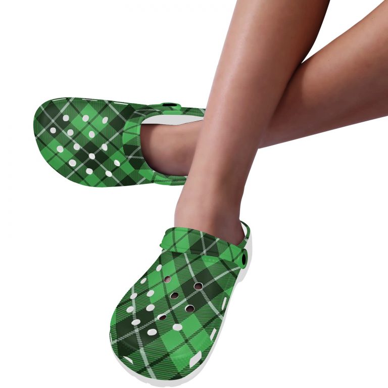 Plaid Superior Comfort Clogs in Red, Blue and Green Plaid alternative to Crocs exclusive collection offering durability, ventilation and a secure fit.