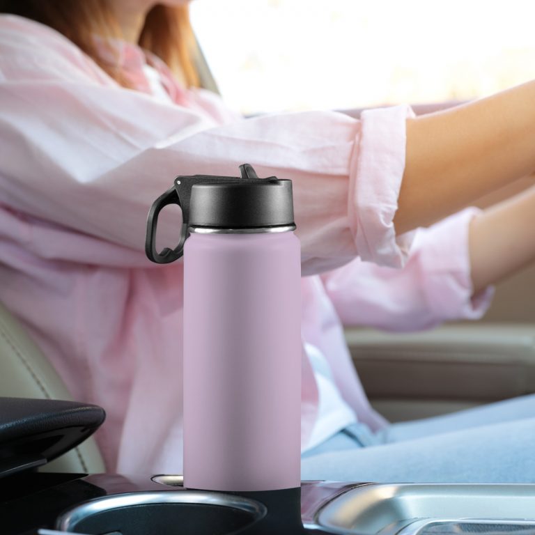Custom Sports Water Bottle with Straw Lid - Premium stainless steel construction ensures durability and non-toxicity. Flip straw lid design for convenient opening and closing. Durable folding handle for easy portability at the gym. Double wall insulation keeps drinks warm or cold for a longer duration. Large 18 Oz capacity suitable for various occasions. Hand wash ONLY with soapy hot water for maintenance.