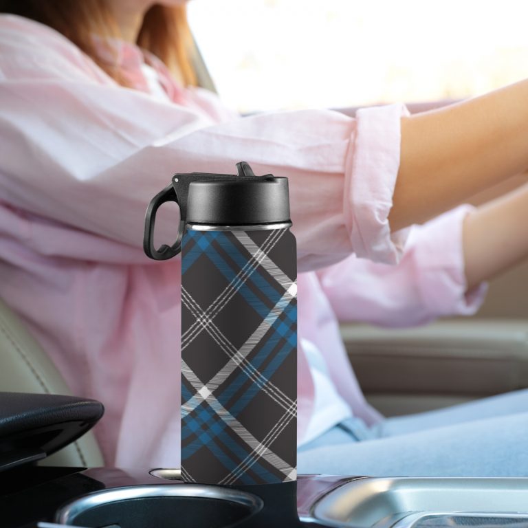 Custom Sports Water Bottle with Straw Lid - Premium stainless steel construction ensures durability and non-toxicity. Flip straw lid design for convenient opening and closing. Durable folding handle for easy portability at the gym. Double wall insulation keeps drinks warm or cold for a longer duration. Large 18 Oz capacity suitable for various occasions. Hand wash ONLY with soapy hot water for maintenance.