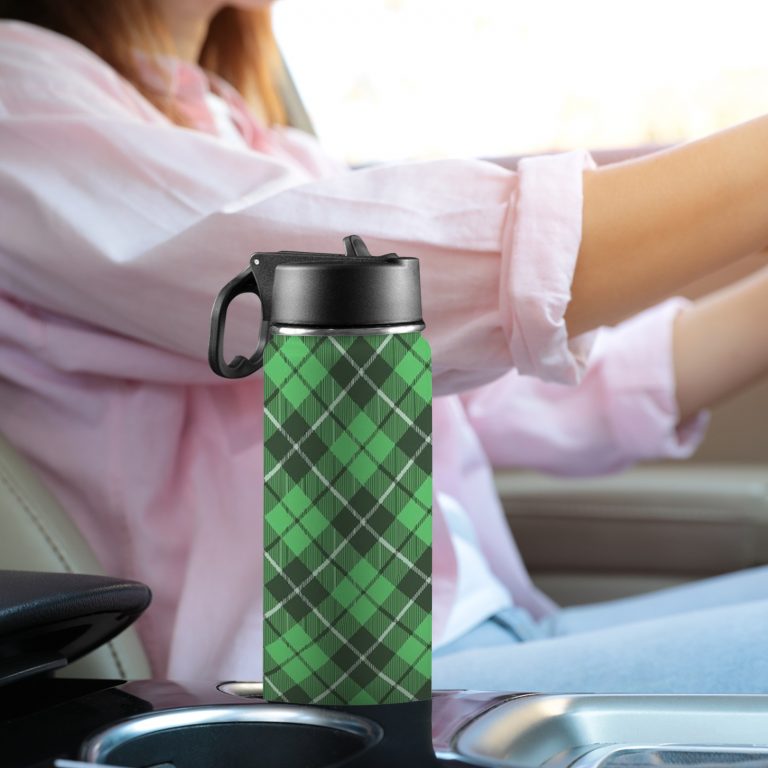 Custom Sports Water Bottle with Straw Lid - Premium stainless steel construction ensures durability and non-toxicity. Flip straw lid design for convenient opening and closing. Durable folding handle for easy portability at the gym. Double wall insulation keeps drinks warm or cold for a longer duration. Large 18 Oz capacity suitable for various occasions. Hand wash ONLY with soapy hot water for maintenance.