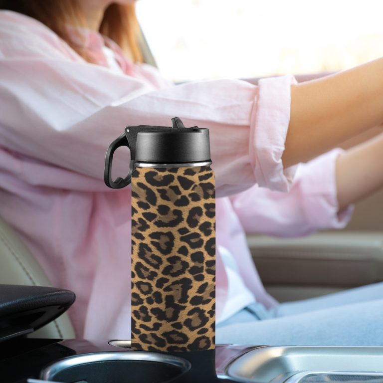 Custom Sports Water Bottle with Straw Lid - Premium stainless steel construction ensures durability and non-toxicity. Flip straw lid design for convenient opening and closing. Durable folding handle for easy portability at the gym. Double wall insulation keeps drinks warm or cold for a longer duration. Large 18 Oz capacity suitable for various occasions. Hand wash ONLY with soapy hot water for maintenance.