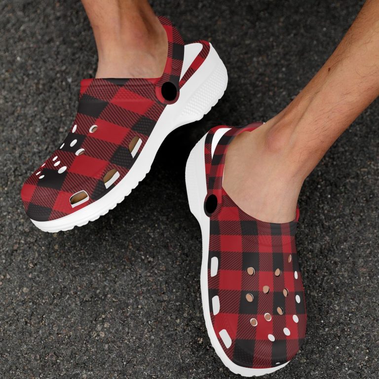 Plaid Superior Comfort Clogs in Red, Blue and Green Plaid alternative to Crocs exclusive collection offering durability, ventilation and a secure fit.