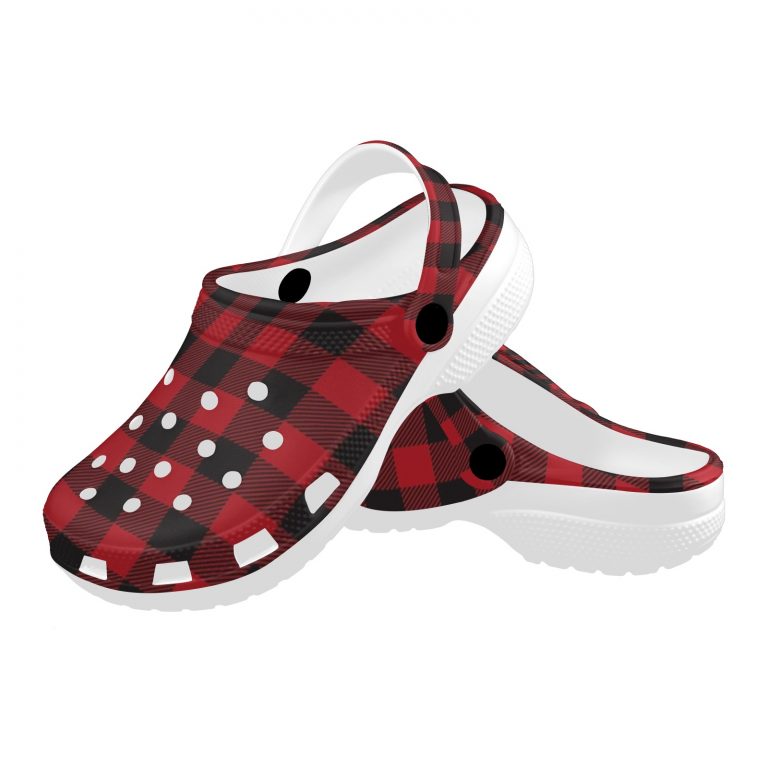 Plaid Superior Comfort Clogs in Red, Blue and Green Plaid alternative to Crocs exclusive collection offering durability, ventilation and a secure fit.