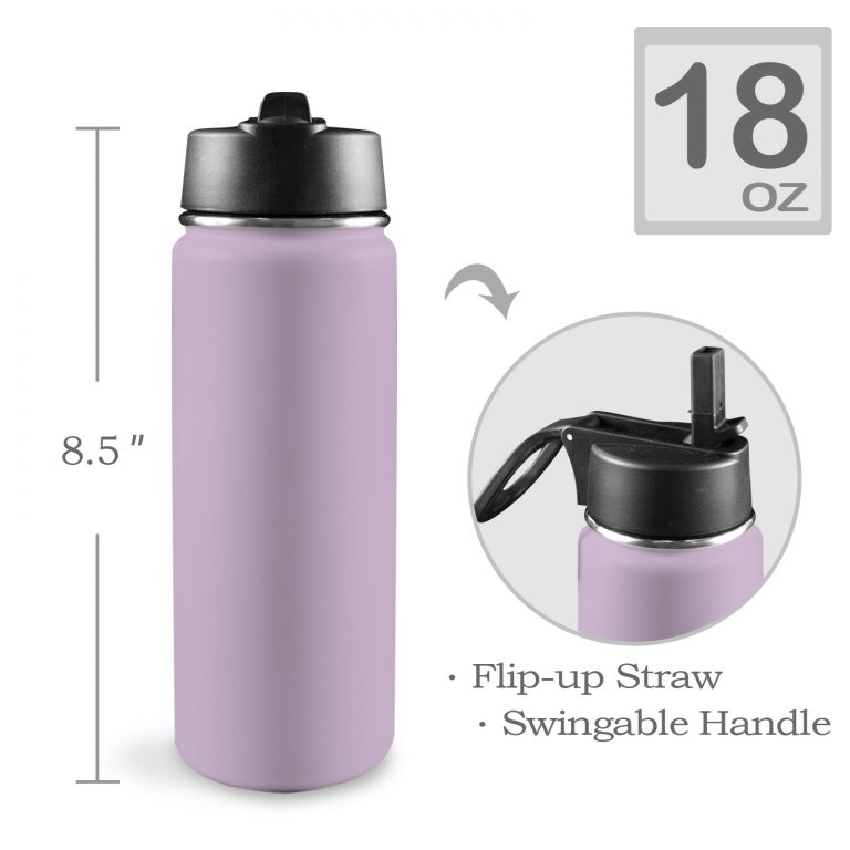 Custom Sports Water Bottle with Straw Lid - Premium stainless steel construction ensures durability and non-toxicity. Flip straw lid design for convenient opening and closing. Durable folding handle for easy portability at the gym. Double wall insulation keeps drinks warm or cold for a longer duration. Large 18 Oz capacity suitable for various occasions. Hand wash ONLY with soapy hot water for maintenance.