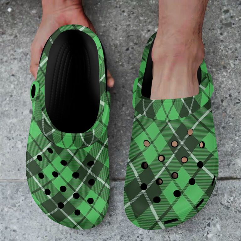 Plaid Superior Comfort Clogs in Red, Blue and Green Plaid alternative to Crocs exclusive collection offering durability, ventilation and a secure fit.
