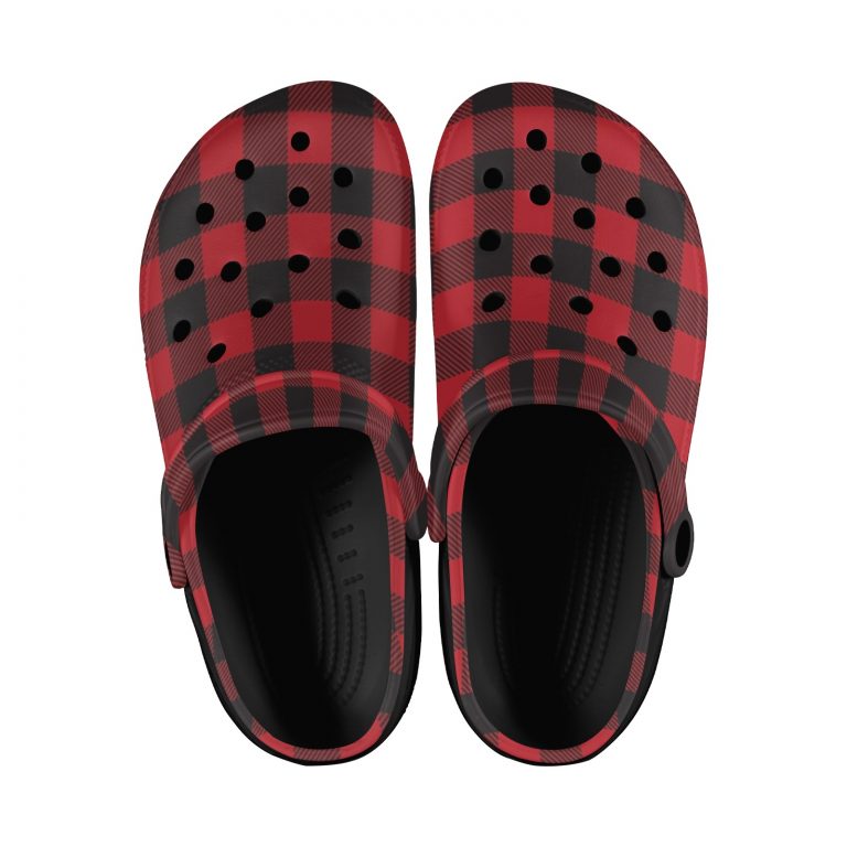 Plaid Superior Comfort Clogs in Red, Blue and Green Plaid alternative to Crocs exclusive collection offering durability, ventilation and a secure fit.