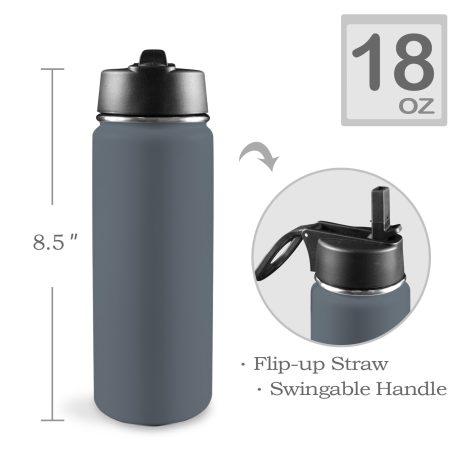 Custom Sports Water Bottle with Straw Lid - Premium stainless steel construction ensures durability and non-toxicity. Flip straw lid design for convenient opening and closing. Durable folding handle for easy portability at the gym. Double wall insulation keeps drinks warm or cold for a longer duration. Large 18 Oz capacity suitable for various occasions. Hand wash ONLY with soapy hot water for maintenance.