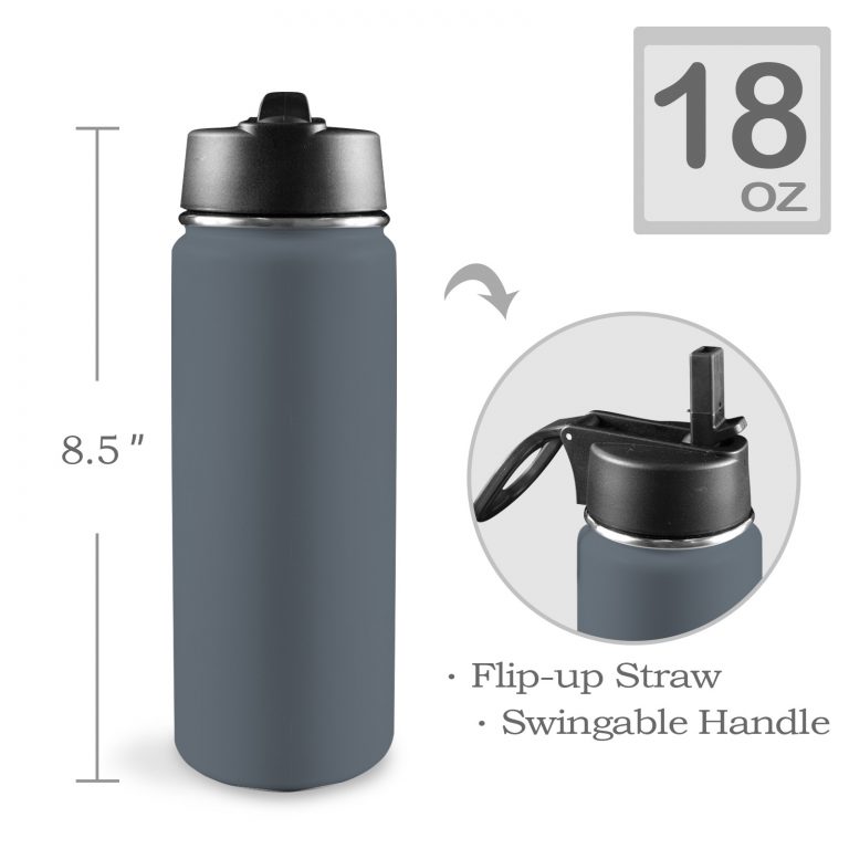 Custom Sports Water Bottle with Straw Lid - Premium stainless steel construction ensures durability and non-toxicity. Flip straw lid design for convenient opening and closing. Durable folding handle for easy portability at the gym. Double wall insulation keeps drinks warm or cold for a longer duration. Large 18 Oz capacity suitable for various occasions. Hand wash ONLY with soapy hot water for maintenance.
