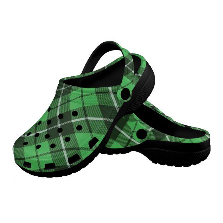 Plaid Superior Comfort Clogs in Red, Blue and Green Plaid alternative to Crocs exclusive collection offering durability, ventilation and a secure fit.
