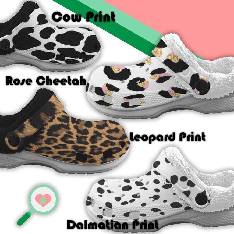 Crocs Clogg Cloggs - Waterproof and dirt-resistant with foam for breathability and walking comfort. Experience the cozy warmth of Sherpa Fleece thermal lining in trendy animal prints like rose gold Cheetah, Cow, Dalmatian, and Leopard. Made with Ethylene Vinyl Acetate (EVA) material, these Crocs are perfect for lounging in style.
