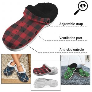 Crocs Cloggs - designed for walking and lounging. These dirt-resistant Crocs feature custom red plaid, green plaid, and blue plaid patterns. Made with foam for comfort and breathability. Experience added warmth with fur and thermal sherpa fleece. Perfect for outdoor activities and cozy relaxation