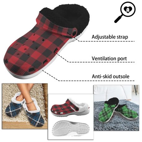 Crocs Cloggs - designed for walking and lounging. These dirt-resistant Crocs feature custom red plaid, green plaid, and blue plaid patterns. Made with foam for comfort and breathability. Experience added warmth with fur and thermal sherpa fleece. Perfect for outdoor activities and cozy relaxation