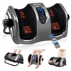 TERELAX Shiatsu Foot Massager - A versatile wellness device with customizable modes and preset programs for kneading and rolling massages. Ergonomic design with soft silicone mimicking the human palm, targeting foot pressure and stress-relief points. Features a 5-inch wide open design, accommodating feet and calves up to 5 inches in size. Removable and washable medical-grade fabric cover. Comes with a 1-year warranty, making it an ideal gift for loved ones. Trust in Abundifind for a transformative relaxation experience.