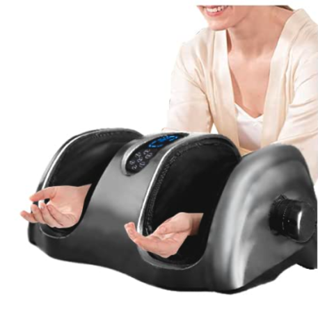 TERELAX Shiatsu Foot Massager - A versatile wellness device with customizable modes and preset programs for kneading and rolling massages. Ergonomic design with soft silicone mimicking the human palm, targeting foot pressure and stress-relief points. Features a 5-inch wide open design, accommodating feet and calves up to 5 inches in size. Removable and washable medical-grade fabric cover. Comes with a 1-year warranty, making it an ideal gift for loved ones. Trust in Abundifind for a transformative relaxation experience.