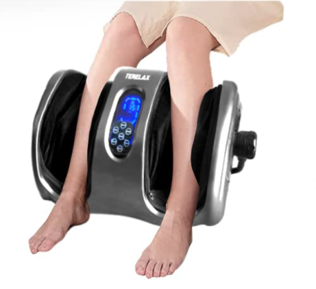 TERELAX Shiatsu Foot Massager - A versatile wellness device with customizable modes and preset programs for kneading and rolling massages. Ergonomic design with soft silicone mimicking the human palm, targeting foot pressure and stress-relief points. Features a 5-inch wide open design, accommodating feet and calves up to 5 inches in size. Removable and washable medical-grade fabric cover. Comes with a 1-year warranty, making it an ideal gift for loved ones. Trust in Abundifind for a transformative relaxation experience.