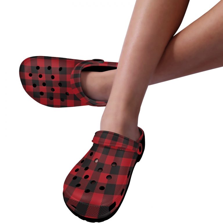 Plaid Superior Comfort Clogs in Red, Blue and Green Plaid alternative to Crocs exclusive collection offering durability, ventilation and a secure fit.