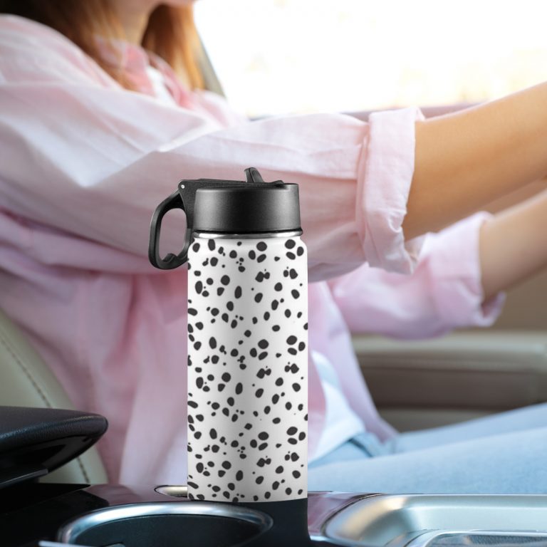Custom Sports Water Bottle with Straw Lid - Premium stainless steel construction ensures durability and non-toxicity. Flip straw lid design for convenient opening and closing. Durable folding handle for easy portability at the gym. Double wall insulation keeps drinks warm or cold for a longer duration. Large 18 Oz capacity suitable for various occasions. Hand wash ONLY with soapy hot water for maintenance.