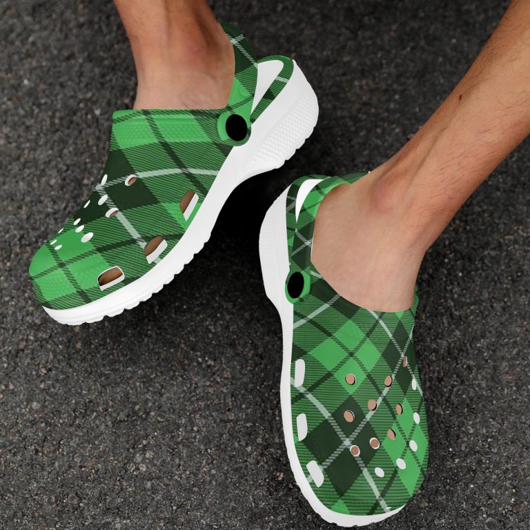 Plaid Superior Comfort Clogs in Red, Blue and Green Plaid alternative to Crocs exclusive collection offering durability, ventilation and a secure fit.roof dirt resistant plaid custom dress shoes foam breathable walking lounge Holiday Christmas Western