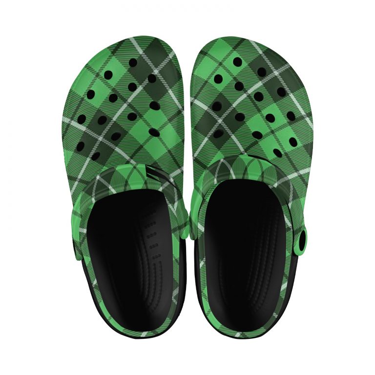 Plaid Superior Comfort Clogs in Red, Blue and Green Plaid alternative to Crocs exclusive collection offering durability, ventilation and a secure fit.