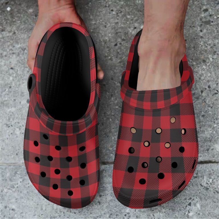 Plaid Superior Comfort Clogs in Red, Blue and Green Plaid alternative to Crocs exclusive collection offering durability, ventilation and a secure fit.