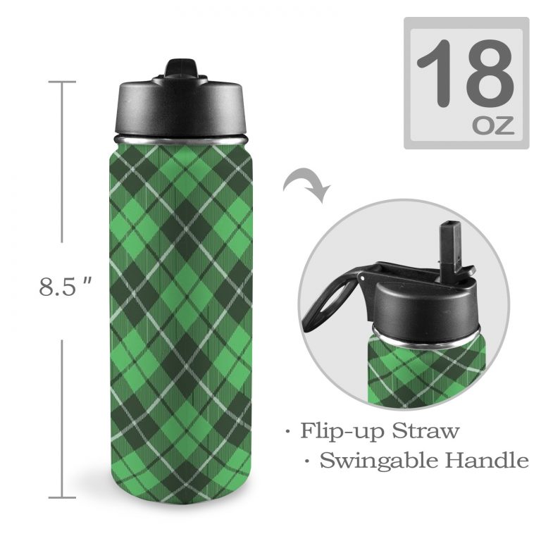 Custom Sports Water Bottle with Straw Lid - Premium stainless steel construction ensures durability and non-toxicity. Flip straw lid design for convenient opening and closing. Durable folding handle for easy portability at the gym. Double wall insulation keeps drinks warm or cold for a longer duration. Large 18 Oz capacity suitable for various occasions. Hand wash ONLY with soapy hot water for maintenance.